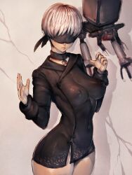 Rule 34 | 1girl, 9s (nier:automata), black blindfold, black coat, blindfold, breasts, coat, collar, covered erect nipples, covered navel, facing away, fumio (rsqkr), genderswap, genderswap (mtf), highres, medium breasts, naked coat, nier:automata, nier (series), no panties, pod (nier:automata), shadow, short hair, solo, white hair, wide hips