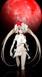 Rule 34 | 1girl, breasts, cleavage cutout, clothing cutout, covered erect nipples, flower, full moon, gloves, grey hair, hair flower, hair ornament, hair over one eye, highres, large breasts, long hair, midriff, monochrome, moon, navel, original, outdoors, panties, red eyes, red moon, single glove, skirt, sky, solo, soutatsu, spot color, tears, torn clothes, turtleneck, twintails, underwear, very long hair, wading, water, white hair