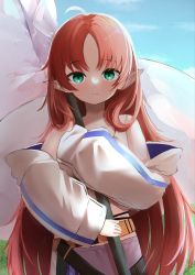 Rule 34 | 1girl, absurdres, ahoge, arknights, bare shoulders, blush, closed mouth, clothing cutout, flag, flagpole, green eyes, highres, long hair, looking at viewer, midriff peek, moepu., myrtle (arknights), pointy ears, red hair, shoulder cutout, sidelocks, sleeves past wrists, smile, solo
