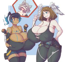 Rule 34 | 3girls, absurdres, breast envy, breast expansion, breasts, cleavage, covered erect nipples, dark-skinned female, dark skin, eunie (xenoblade), female focus, gigantic breasts, head wings, highres, huge breasts, kittenboogers, mio (xenoblade), multicolored hair, multiple girls, nintendo, sena (xenoblade), smile, torn clothes, two-tone hair, w arms, wings, xenoblade chronicles (series), xenoblade chronicles 3