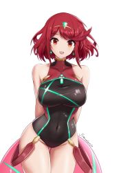 Rule 34 | 1girl, black one-piece swimsuit, breasts, chest jewel, competition swimsuit, covered collarbone, covered navel, fgsketch, gem, headpiece, highres, large breasts, one-piece swimsuit, pyra (pro swimmer) (xenoblade), pyra (xenoblade), red eyes, red hair, red one-piece swimsuit, ribbed swimsuit, short hair, simple background, solo, strapless, strapless one-piece swimsuit, striped clothes, striped one-piece swimsuit, swept bangs, swimsuit, tiara, two-tone swimsuit, vertical-striped clothes, vertical-striped one-piece swimsuit, white background, xenoblade chronicles (series), xenoblade chronicles 2