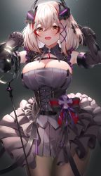 Rule 34 | 1girl, azur lane, bare shoulders, black dress, black gloves, blonde hair, blush, breasts, brown eyes, cleavage, covered erect nipples, detached sleeves, dress, gloves, hair between eyes, hands in hair, hands up, highres, large breasts, looking at viewer, microphone stand, multicolored hair, open mouth, pantyhose, red hair, roon (azur lane), roon (muse) (azur lane), sg (satoumogumogu), short hair, smile, solo, standing, streaked hair