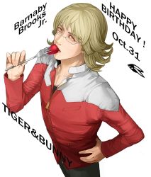 Rule 34 | 10s, 1boy, barnaby brooks jr., birthday, blonde hair, food, fork, fruit, glasses, gonta (gongon500), green eyes, jacket, male focus, red jacket, solo, strawberry, tiger &amp; bunny