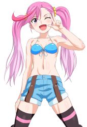 Rule 34 | 1girl, ;d, bikini, breasts, collarbone, digimon, digimon universe: appli monsters, female focus, karan eri, one eye closed, open mouth, pink hair, purple eyes, sincos, small breasts, smile, solo, standing, swimsuit, twintails, v, wink