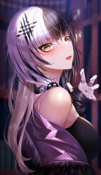 Rule 34 | 1girl, absurdres, arm warmers, bare shoulders, black choker, black dress, black gloves, black hair, black nails, breasts, choker, dress, fingerless gloves, gloves, highres, hololive, hololive english, jewelry, large breasts, long hair, looking at viewer, misa pika, multicolored hair, ring, shiori novella, shiori novella (1st costume), sleeveless, sleeveless dress, smile, split-color hair, two-tone hair, virtual youtuber, white hair, yellow eyes, yorick (shiori novella)