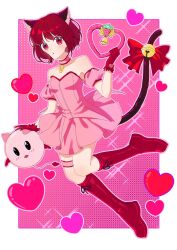 Rule 34 | 1girl, animal ears, arima kana, bell, blush, bob cut, cat ears, cat girl, cat tail, cosplay, full body, heart, highres, inverted bob, jewelry, looking at viewer, mew ichigo, mew ichigo (cosplay), necklace, open mouth, oshi no ko, pink background, red eyes, red footwear, red hair, red ribbon, ribbon, short hair, solo, tail, tokyo mew mew, xiang yu pai