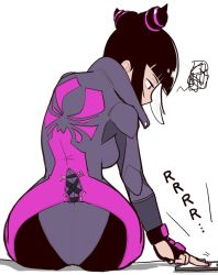 Rule 34 | ass, black hair, blunt bangs, bodysuit, cellphone, drill hair, fingerless gloves, from behind, gloves, han juri, highres, lineni, looking down, nail polish, phone, purple nails, sitting, smartphone, street fighter, twin drills, white background