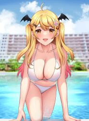 Rule 34 | 1girl, absurdres, bat hair ornament, bikini, blonde hair, blurry, blurry background, blush, breasts, cleavage, cloud, cloudy sky, fang, gradient hair, hair ornament, hairclip, heart, heart hair ornament, highres, hololive, hotel, large breasts, looking at viewer, multicolored hair, navel, open mouth, outdoors, pink hair, pink nails, pool, reflection, reflective water, sei joshikou, shiny skin, skin fang, sky, swimsuit, virtual youtuber, white bikini, yellow eyes, yozora mel