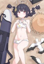 Rule 34 | 1girl, absurdres, ahoge, arcaeder 17, bare arms, bare legs, bikini, bird, black hair, blue archive, blunt bangs, blush stickers, braid, brown hat, clenched hands, closed mouth, feet out of frame, frown, grey halo, hair ribbon, hair spread out, halo, hat, highres, hime cut, lace, lace-trimmed ribbon, lace trim, leaf, leaf on head, leaf print, light blush, long hair, looking at viewer, low twin braids, lying, miyu (blue archive), miyu (swimsuit) (blue archive), navel, neck ribbon, official alternate costume, on back, paw pose, red eyes, ribbon, seagull, solo, square neckline, stomach, sun hat, swimsuit, twin braids, unworn headwear, violin case, wavy mouth, white bikini, white ribbon