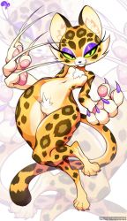 Rule 34 | 1girl, :3, animal ears, animal hands, blue eyes, breasts, clawroline, claws, colored sclera, eyelashes, eyeshadow, fur trim, furry, green sclera, half-closed eyes, highres, kirby (series), kirby and the forgotten land, krokobyaka, leopard ears, leopard tail, looking at viewer, makeup, navel, nintendo, no nipples, nude, pawpads, pussy, small breasts, smile, standing, standing on one leg, tail, thick thighs, thighs, uncensored, whiskers, wide hips