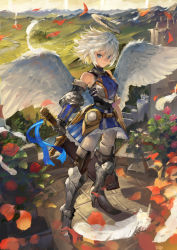 Rule 34 | 1girl, angel, armor, armored dress, bare shoulders, blue eyes, feathered wings, feathers, gauntlets, greaves, halo, hand on hilt, highres, kureta (nikogori), original, sheath, sheathed, short hair, solo, sword, thighhighs, weapon, white hair, wings