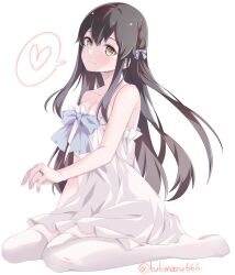 Rule 34 | 1girl, akagi (kancolle), black hair, blue bow, bow, brown eyes, closed mouth, dress, heart, highres, jewelry, kantai collection, kukimaru, long hair, on floor, ring, simple background, sitting, solo, spoken heart, thighhighs, wedding dress, wedding ring, white background, white dress