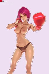Rule 34 | 1girl, bikini, bikini bottom only, boxing gloves, boxing ring, breasts, cleavage, highres, looking at viewer, navel, nipples, panties, pink hair, solo, swimsuit, topless, underwear, yellow eyes, zx-77