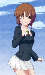 Rule 34 | 10s, 1girl, akisute, blue jacket, blush, brown eyes, brown hair, cloud, girls und panzer, green shirt, heart, heart-shaped pupils, jacket, long sleeves, looking at viewer, military, military uniform, nishizumi miho, one eye closed, open mouth, pleated skirt, pointing, pointing at self, school uniform, shirt, short hair, skirt, sky, smile, solo, symbol-shaped pupils, uniform, white skirt, wink