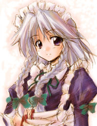 Rule 34 | 1girl, :d, apron, bow, braid, female focus, hair bow, hirasaka makoto, izayoi sakuya, knife, looking at viewer, maid, maid apron, maid headdress, motion blur, open mouth, puffy sleeves, purple eyes, silver hair, simple background, sketch, smile, solo, touhou, twin braids, upper body, white background