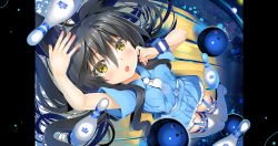 Rule 34 | 1girl, arm up, ball, black hair, blush, bowling ball, bowling pin, char, highres, long hair, looking at viewer, lying, necktie, on back, open mouth, original, short sleeves, skirt, solo, wristband, yellow eyes