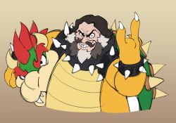 Rule 34 | 1boy, :d, armlet, beard, black eyes, black hair, bowser, bowser (cosplay), bracelet, brown background, collar, cosplay, costume, crazy eyes, dare (daredemon7000), facial hair, grin, highres, jack black, jewelry, looking at viewer, male focus, mario (series), mustache, nintendo, open mouth, real life, short hair, simple background, sketch, smile, solo, spiked armlet, spiked bracelet, spiked collar, spikes, the super mario bros. movie, upper body, v-shaped eyebrows