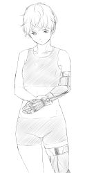 Rule 34 | 1girl, commentary, crop top, greyscale, hand on own wrist, highres, looking at viewer, midriff, monochrome, navel, niwatazumi, original, prosthesis, prosthetic arm, prosthetic leg, short hair, shorts, sketch, solo, white background