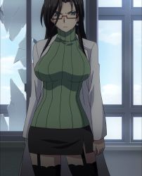 Rule 34 | 10s, 1girl, black hair, breasts, female focus, glasses, hasegawa chisato, highres, large breasts, long hair, screencap, shinmai maou no testament, skirt, solo, standing, stitched, sweater, third-party edit