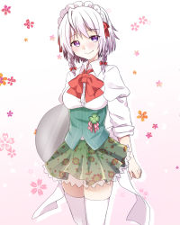 Rule 34 | 1girl, abe suke, ahoge, bow, bowtie, braid, buttons, closed mouth, clover, commentary request, cowboy shot, floral background, floral print, four-leaf clover, green skirt, hair bow, holding, holding tray, izayoi sakuya, looking at viewer, maid, maid headdress, pink background, puffy sleeves, purple eyes, red bow, red bowtie, short hair, side braid, skirt, smile, solo, thighhighs, touhou, tray, twin braids, white hair, white thighhighs, zettai ryouiki