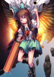 Rule 34 | 1girl, arm cannon, asymmetrical footwear, bird wings, black wings, blouse, bow, brown eyes, brown hair, cape, collared shirt, commentary request, eclipse, floating, frilled shirt, frilled skirt, frills, green bow, green skirt, hair bow, head tilt, highres, index finger raised, long hair, looking at viewer, miniskirt, mismatched footwear, parted lips, partial commentary, puffy short sleeves, puffy sleeves, reiuji utsuho, rock, shirt, short sleeves, skirt, smirk, solar eclipse, solo, starry sky print, third eye, touhou, two-sided cape, two-sided fabric, weapon, white cape, white shirt, wings, yawdeone