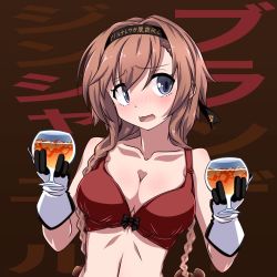 Rule 34 | 1girl, 547th sy, alcohol, anchor, anchor symbol, text background, blue eyes, blush, bra, braid, breasts, cleavage, clothes writing, collarbone, cup, glass, hachimaki, hair ornament, headband, highres, holding, kantai collection, large breasts, light brown hair, long hair, open mouth, propeller hair ornament, red background, red bra, simple background, solo, teruzuki (kancolle), twin braids, underwear, upper body