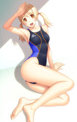 Rule 34 | 1girl, :d, arm support, arm up, armpits, barefoot, blonde hair, breasts, collarbone, competition swimsuit, feet, highres, kuri (kurigohan), legs, looking at viewer, mizuno (brand), one-piece swimsuit, open mouth, orange eyes, original, shading eyes, shadow, sitting, smile, solo, sunlight, swimsuit, toes, twintails, yokozuwari