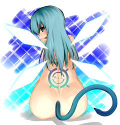 Rule 34 | aoinagi, ass, back, blue eyes, blue hair, long hair, looking back, nude, pixiv, pixiv-tan, sitting, solo, tail, wings