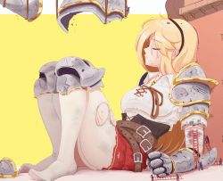 Rule 34 | 1girl, armor, blonde hair, closed eyes, giant, giantess, hairband, knight, ladder, raps (yohomeboyraps), solo focus, thighs, torn clothes