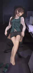 Rule 34 | 1girl, absurdres, black skirt, brown pantyhose, business suit, chair, check commentary, closed eyes, commentary, commentary request, desk, feet, female focus, formal, full body, highres, jewelry, legs, long hair, long sleeves, mature female, no shoes, office, office chair, office lady, original, pantyhose, pencil skirt, restrained, ring, sandals, shirt, side ponytail, skirt, skirt suit, solo, suit, swivel chair, toes, wedding band, yewang19