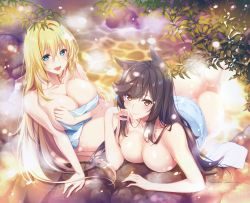 Rule 34 | 2girls, absurdres, animal ears, arm support, artist name, ass, atago (azur lane), atago (kancolle), azur lane, bathing, black hair, blonde hair, blue eyes, blue towel, blush, breasts, brown eyes, choco chip, cleavage, crossover, feet up, from above, hair between eyes, highres, historical name connection, kantai collection, large breasts, leaf, long hair, looking at viewer, lying, multiple girls, naked towel, name connection, on stomach, onsen, open mouth, outdoors, rock, sidelocks, sitting, smile, sparkle, towel, very long hair
