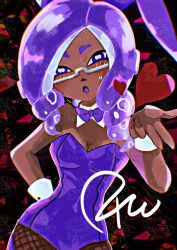 Rule 34 | 1girl, blowing kiss, bow, bowtie, breasts, cephalopod eyes, cleavage, collar, commentary, dark-skinned female, dark skin, detached collar, glasses, hand on own hip, heart, highres, large breasts, leotard, long hair, nintendo, octoling, octoling girl, octoling player character, open mouth, playboy bunny, purple bow, purple bowtie, purple eyes, purple hair, purple leotard, solo, splatoon (series), symbol-only commentary, tentacle hair, watermark, white collar, yukejima
