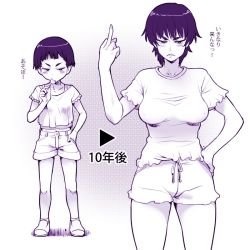 Rule 34 | 1girl, age progression, black hair, breasts, candy, child, ero kaeru, female focus, food, frilled shirt, frilled shorts, frills, halftone, lollipop, looking at viewer, middle finger, monochrome, no bra, original, purple theme, scowl, shirt, short hair, shorts, solo, standing, tomboy