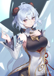 Rule 34 | 1girl, absurdres, ahoge, artist name, bare shoulders, bell, blue hair, blush, breasts, cowboy shot, detached sleeves, ganyu (genshin impact), genshin impact, gold trim, gtlz, hand on own chest, highres, horns, long hair, looking at viewer, medium breasts, neck bell, no gloves, purple eyes, sideboob, smile, solo, white sleeves