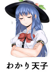 Rule 34 | 1girl, blue hair, blush, bow, bowtie, breasts, crossed arms, dress shirt, closed eyes, facing viewer, food, food on head, fruit, fruit on head, hat, hinanawi tenshi, lips, long hair, md5 mismatch, momo retasu, object on head, peach, puffy short sleeves, puffy sleeves, shirt, short sleeves, small breasts, smile, solo, touhou, very long hair