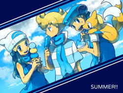 Rule 34 | 00s, 1girl, 2boys, bad id, bad pixiv id, barry (pokemon), beanie, beret, blonde hair, blue background, blush, buizel, carrying, cloud, creatures (company), dawn (pokemon), eating, english text, food, game freak, gen 4 pokemon, hat, ice cream, lucas (pokemon), multiple boys, nintendo, open mouth, pokemon, pokemon (creature), pokemon dppt, popsicle, scarf, shirt, sky, skyloop19, smile, striped clothes, striped shirt, summer, sweatdrop