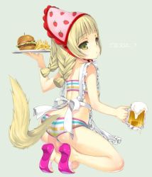 Rule 34 | 1girl, alcohol, apron, ass, bad id, bad twitter id, beer, beer mug, bikini, braid, brown eyes, brown hair, burger, cup, elin, emily (pure dream), food, food print, french fries, from behind, hat, kneeling, long hair, looking back, mug, shoes, simple background, solo, strawberry print, striped bikini, striped clothes, swimsuit, tail, tera online, tray, twin braids, twintails, waitress