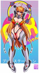Rule 34 | 1girl, ahoge, armor, arms behind head, arms up, bikini, blue eyes, breasts, cable, cyborg, eyelashes, full body, game console, gradient background, grin, highleg, highres, impossible clothes, japanese text, large breasts, logo, long hair, looking at viewer, navel, orange hair, original, personification, peterete, smile, sony, standing, swimsuit, thick thighs, thighhighs, thighs, wide hips