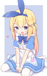 Rule 34 | 1girl, :d, alice girl (ayanepuna), apron, ayanepuna, between legs, blonde hair, blue bow, blue dress, blue eyes, blue hairband, blue ribbon, blush, bow, commentary request, dress, grey background, hair ornament, hair ribbon, hairband, hairclip, hand between legs, heart, highres, long hair, looking at viewer, no shoes, one side up, open mouth, original, puffy short sleeves, puffy sleeves, ribbon, shadow, short sleeves, sitting, smile, solo, thighhighs, two-tone background, very long hair, wariza, white apron, white background, white thighhighs, wrist cuffs, x hair ornament