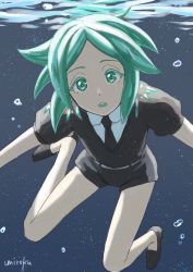 Rule 34 | afloat, androgynous, bad id, bad twitter id, black footwear, black shirt, black shorts, blouse, bubble, collared shirt, commentary request, gender request, green eyes, green hair, houseki no kuni, looking at viewer, no socks, parted bangs, parted lips, phosphophyllite, shirt, short shorts, short sleeves, shorts, signature, solo, umiroku, underwater, white shirt