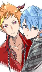 Rule 34 | 2boys, blonde hair, blue eyes, blue hair, chest tattoo, closed mouth, collarbone, collared shirt, commentary request, dragon boy, dragon horns, earrings, genderswap, genderswap (ftm), hair between eyes, highres, hololive, horns, hoshimachi suisei, jewelry, kiryu coco, looking at viewer, male focus, multicolored eyes, multicolored hair, multiple boys, necktie, open clothes, open shirt, orange hair, pectorals, pointy ears, purple eyes, red eyes, red shirt, serious, shirt, short hair, simple background, single horn, smile, streaked hair, striped neckwear, tattoo, unbuttoned, unbuttoned shirt, undone necktie, upper body, virtual youtuber, yuyaiyaui
