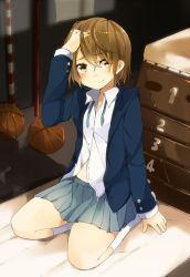Rule 34 | 1girl, bad id, bad pixiv id, ball, basketball, basketball (object), blush, brown eyes, brown hair, hair down, hand in own hair, indoors, k-on!, necktie, pun2, short hair, sitting, smile, solo, tainaka ritsu, unbuttoned, undone necktie, undone tie, vaulting horse, wariza