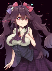 Rule 34 | bare arms, bow, breasts, brown hair, buttons, closed mouth, contrapposto, curly hair, dark fuu, eyelashes, fang, frills, hair between eyes, hair bow, hair flaps, hand on own chest, highres, large breasts, long hair, long skirt, looking at viewer, nail polish, red eyes, red nails, sidelocks, skin fang, skirt, sleeveless, slit pupils, smile, tagme, twintails, virtual youtuber, yoruno tobari