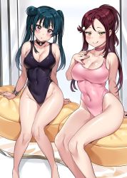 Rule 34 | 2girls, alternate breast size, black choker, black one-piece swimsuit, blue hair, breasts, casual one-piece swimsuit, chair, choker, cleavage, feet out of frame, hair ornament, hairclip, half updo, highleg, highleg swimsuit, highres, large breasts, licking lips, long hair, looking at viewer, love live!, love live! sunshine!!, multiple girls, naughty face, one-piece swimsuit, pink choker, pink one-piece swimsuit, red eyes, red hair, sakurauchi riko, sitting, smile, swimsuit, tem10, tongue, tongue out, tsushima yoshiko, twintails, yellow eyes