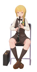 Rule 34 | 1girl, alternate costume, alternate hairstyle, black bow, black bowtie, black shorts, black socks, black vest, blonde hair, bow, bowtie, braid, brown footwear, case, chair, check instrument, clarinet, crossed ankles, full body, green bow, highres, instrument, jq, kirisame marisa, kneehighs, long hair, long sleeves, looking at viewer, music, on chair, playing instrument, shirt, shoes, shorts, simple background, single braid, sitting, socks, solo, touhou, vest, white background, white shirt, yellow eyes