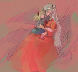 Rule 34 | 2girls, alice margatroid, alice margatroid (pc-98), bad id, bad pixiv id, closed eyes, female focus, hair bobbles, hair ornament, holding, mother and daughter, multiple girls, mystic square, shinki (touhou), sitting, sitting on lap, sitting on person, sketch, tanbo, touhou, touhou (pc-98), aged down