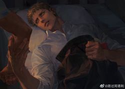 Rule 34 | 2boys, arm grab, blonde hair, collared shirt, covering with clothes, dark, jacket, unworn jacket, looking at another, luguoadeli (maple12031), lying, male focus, multiple boys, on back, on bed, porco galliard, reiner braun, shingeki no kyojin, shirt, short hair, solo focus, upper body, white shirt, yaoi, yellow eyes
