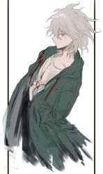 1boy black_pants closed_mouth coat collarbone commentary_request cropped_torso danganronpa_(series) danganronpa_2:_goodbye_despair dutch_angle from_side green_coat grey_hair hair_between_eyes hand_in_pocket highres hood hood_down hooded_coat komaeda_nagito long_sleeves male_focus messy_hair nokoru_sora open_clothes pants print_shirt shirt simple_background solo upper_body white_background white_hair white_shirt