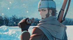 Rule 34 | 1boy, beard, binoculars, blue eyes, blush, bolt action, brown coat, brown gloves, brown hair, cape, closed mouth, coat, commentary request, day, eyebrows, facial hair, forest, from behind, fur hat, gloves, golden kamuy, gun, hat, holding, holding binoculars, holding gun, holding weapon, hood, hood down, hooded cape, long sleeves, looking at viewer, looking back, male focus, mofge, mosin-nagant, nature, nose blush, outdoors, over shoulder, rifle, russian clothes, short hair, sky, snow, snowing, solo, standing, tree, upper body, ushanka, vasily (golden kamuy), weapon, weapon over shoulder, white cape, white hat