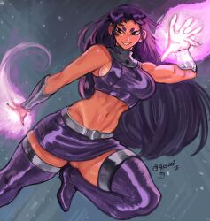 1girl blackfire breasts dc_comics energy flying gabriel_ales highres long_hair midriff purple_eyes purple_hair purple_skirt purple_thighhighs shiny_skin skirt teen_titans thighhighs